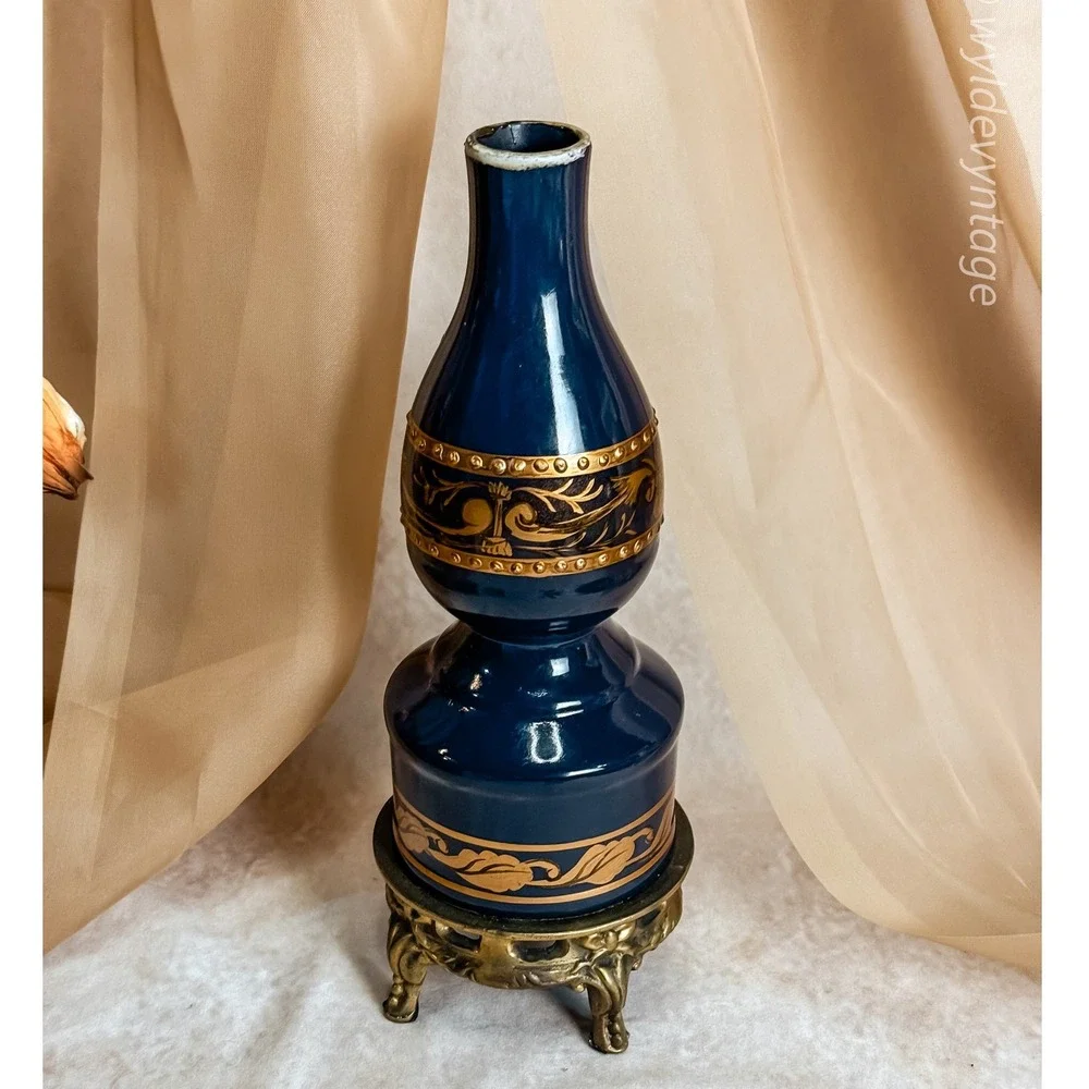 Cobalt Blue and Gold Porcelain Toya Vase on Brass Stand